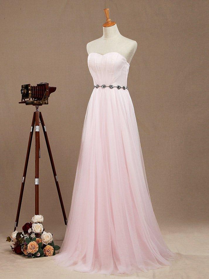 Vestido de dama de honor de tul con corte A, largo hasta el suelo, sin tirantes y con cinturón 