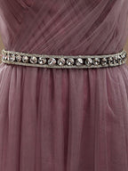 Vestido de dama de honor de tul con escote en V, largo hasta el suelo y fruncido. 