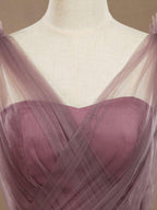 Vestido de dama de honor de tul con escote en V, largo hasta el suelo y fruncido. 