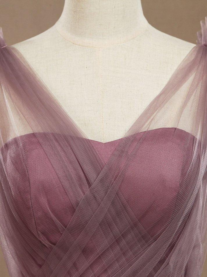 Vestido de dama de honor de tul con escote en V, largo hasta el suelo y fruncido. 