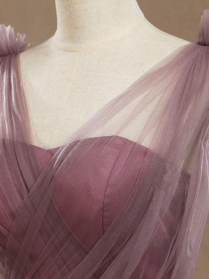 Vestido de dama de honor de tul con escote en V, largo hasta el suelo y fruncido. 