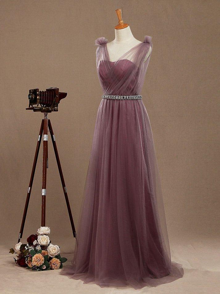 Vestido de dama de honor de tul con escote en V, largo hasta el suelo y fruncido. 