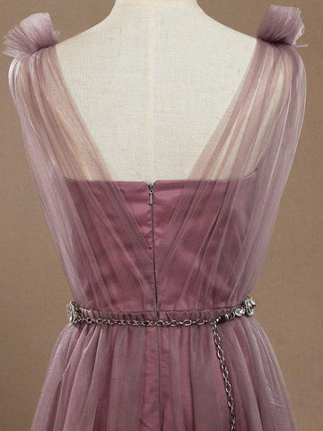 A-Line V-neck Tulle Floor Length Bridesmaid Dress with Ruching Pleats