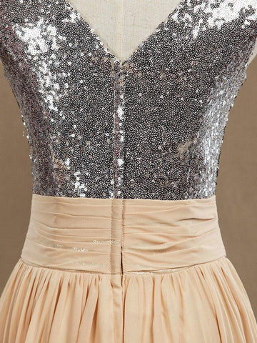 Vestido de dama de honor de gasa con lentejuelas y escote en V, corte A, sin mangas 