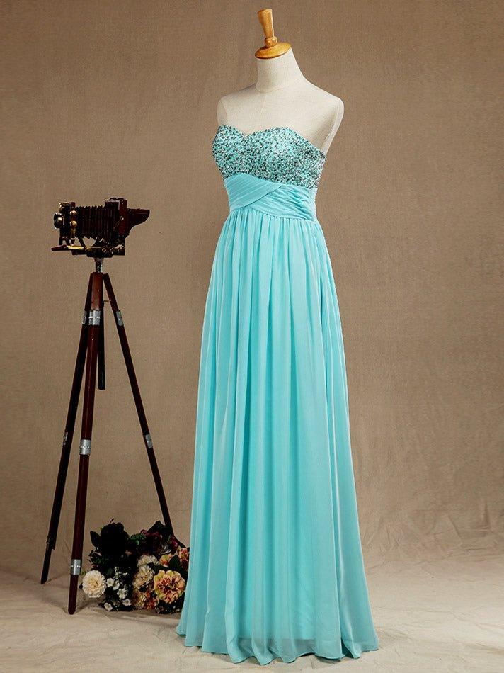 Vestido formal de noche de gasa con escote en forma de A y largo hasta el suelo con cuentas 