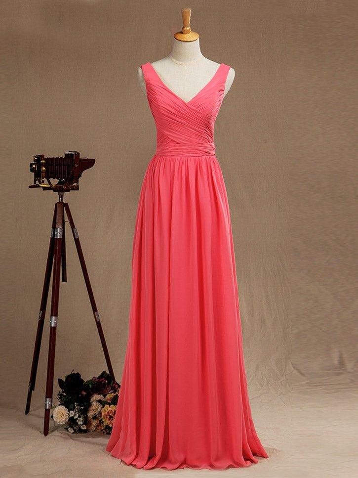 Vestido de dama de honor de gasa con escote en V, largo hasta el suelo y pliegues entrecruzados 