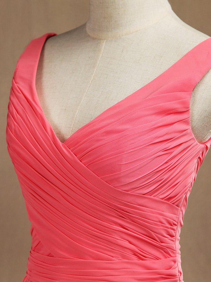 Vestido de dama de honor de gasa con escote en V, largo hasta el suelo y pliegues entrecruzados 