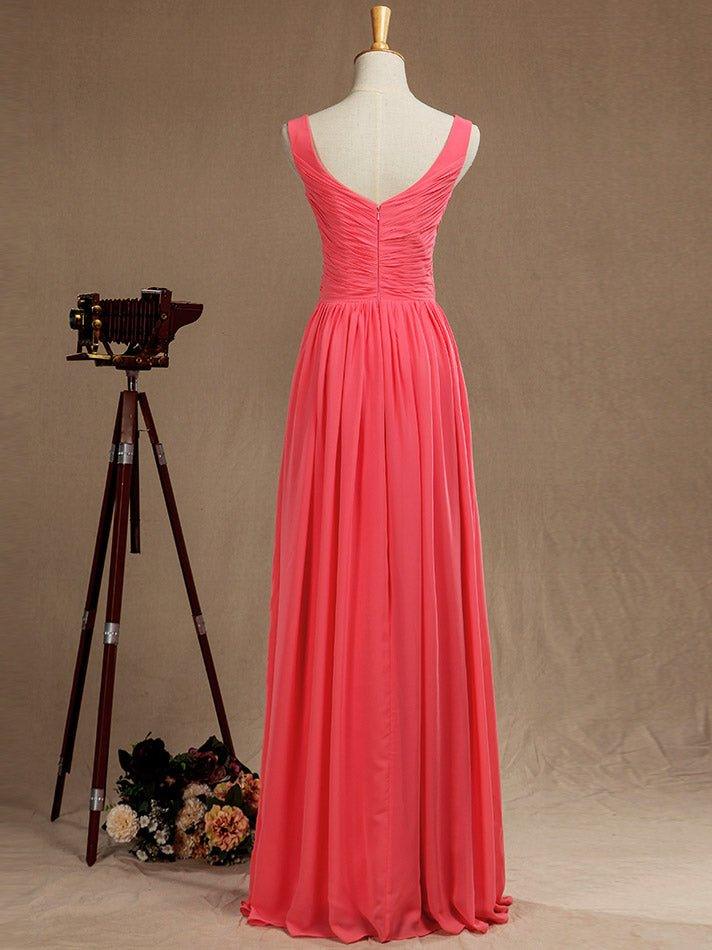 Vestido de dama de honor de gasa con escote en V, largo hasta el suelo y pliegues entrecruzados 