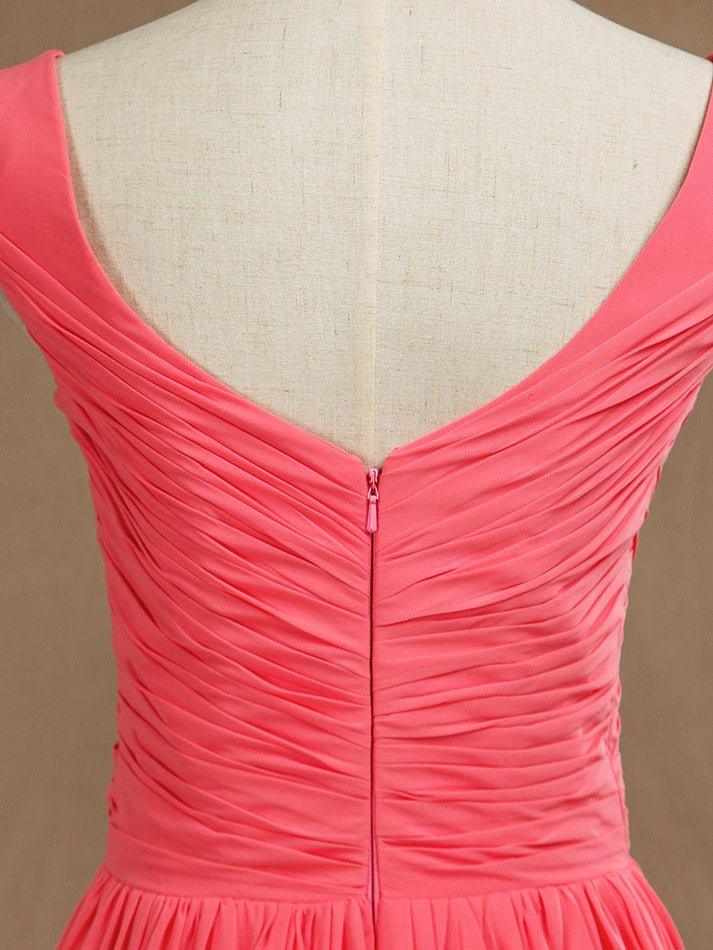 Vestido de dama de honor de gasa con escote en V, largo hasta el suelo y pliegues entrecruzados 