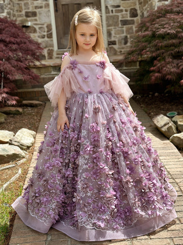 Vestido de gala/de princesa con tul y flores en 3D hasta el suelo 