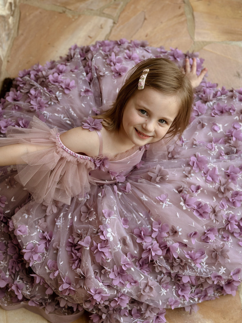 Vestido de gala/de princesa con tul y flores en 3D hasta el suelo 