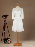 Vestido de dama de honor/vestido de fiesta con escote en V, largo hasta la rodilla, de gasa y encaje, con mangas largas 