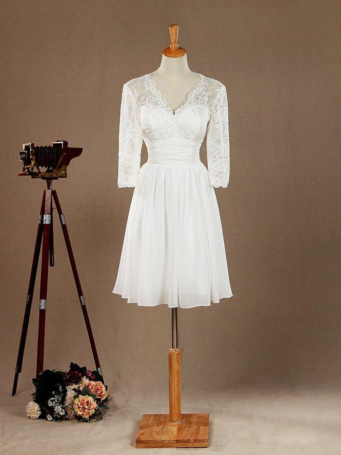 Vestido de dama de honor/vestido de fiesta con escote en V, largo hasta la rodilla, de gasa y encaje, con mangas largas 