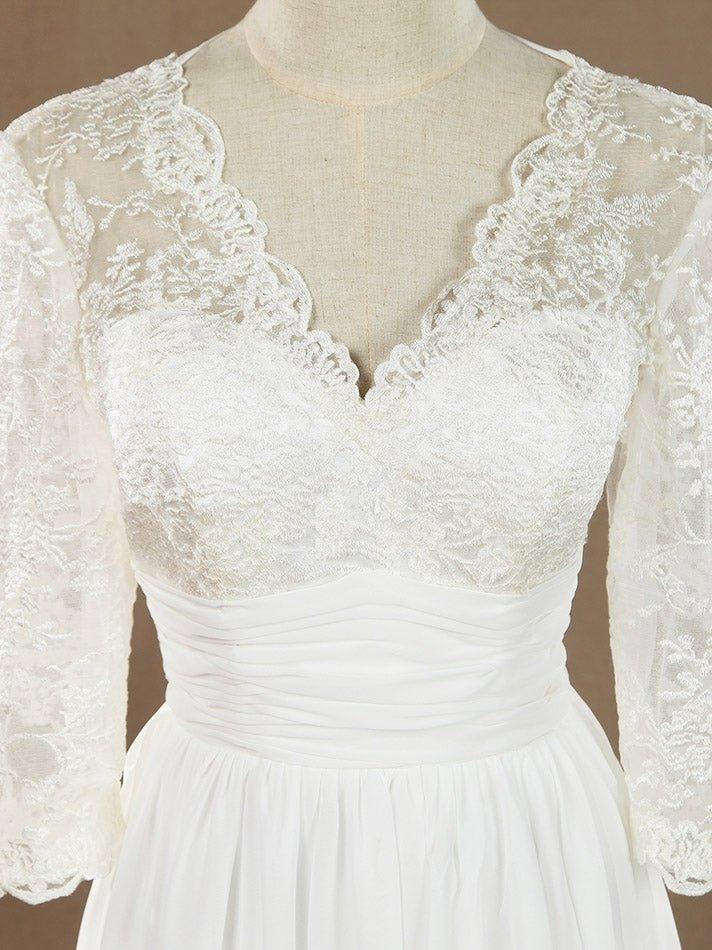 Vestido de dama de honor/vestido de fiesta con escote en V, largo hasta la rodilla, de gasa y encaje, con mangas largas 