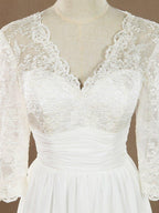Vestido de dama de honor/vestido de fiesta con escote en V, largo hasta la rodilla, de gasa y encaje, con mangas largas 