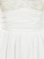 Vestido de dama de honor/vestido de fiesta con escote en V, largo hasta la rodilla, de gasa y encaje, con mangas largas 