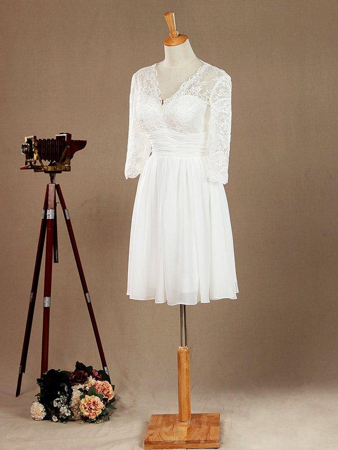 Vestido de dama de honor/vestido de fiesta con escote en V, largo hasta la rodilla, de gasa y encaje, con mangas largas 