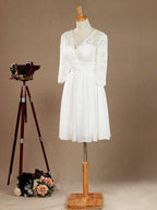 Vestido de dama de honor/vestido de fiesta con escote en V, largo hasta la rodilla, de gasa y encaje, con mangas largas 