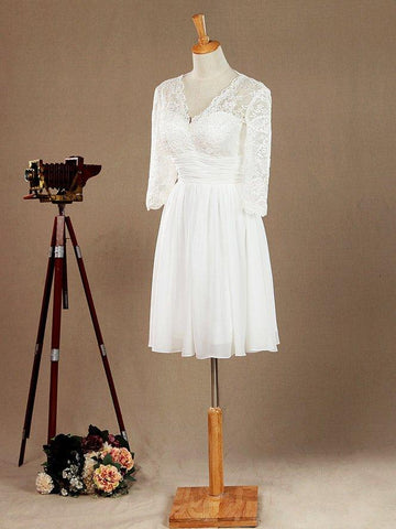 Robe de demoiselle d'honneur/robe de soirée trapèze à manches longues, col en V, longueur genou, en mousseline de soie et dentelle 