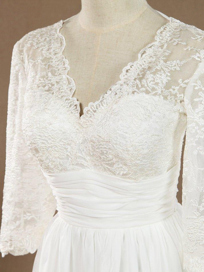 Vestido de dama de honor/vestido de fiesta con escote en V, largo hasta la rodilla, de gasa y encaje, con mangas largas 