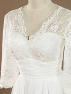 Vestido de dama de honor/vestido de fiesta con escote en V, largo hasta la rodilla, de gasa y encaje, con mangas largas 