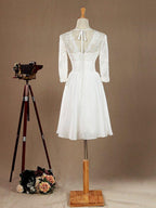 Vestido de dama de honor/vestido de fiesta con escote en V, largo hasta la rodilla, de gasa y encaje, con mangas largas 