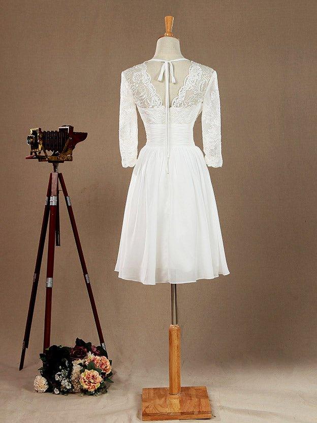 Vestido de dama de honor/vestido de fiesta con escote en V, largo hasta la rodilla, de gasa y encaje, con mangas largas 