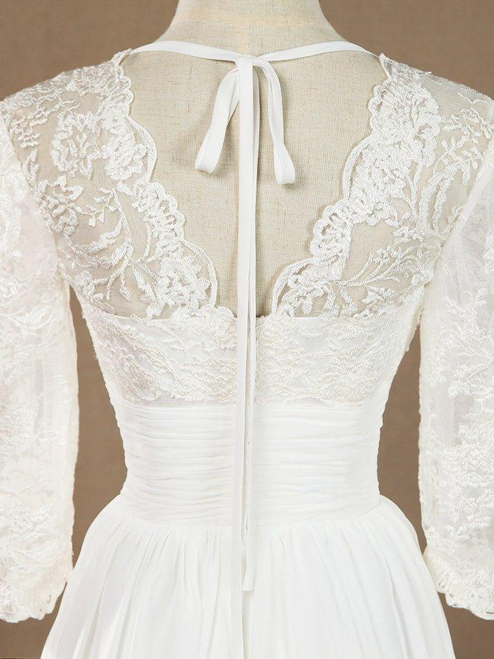 Vestido de dama de honor/vestido de fiesta con escote en V, largo hasta la rodilla, de gasa y encaje, con mangas largas 