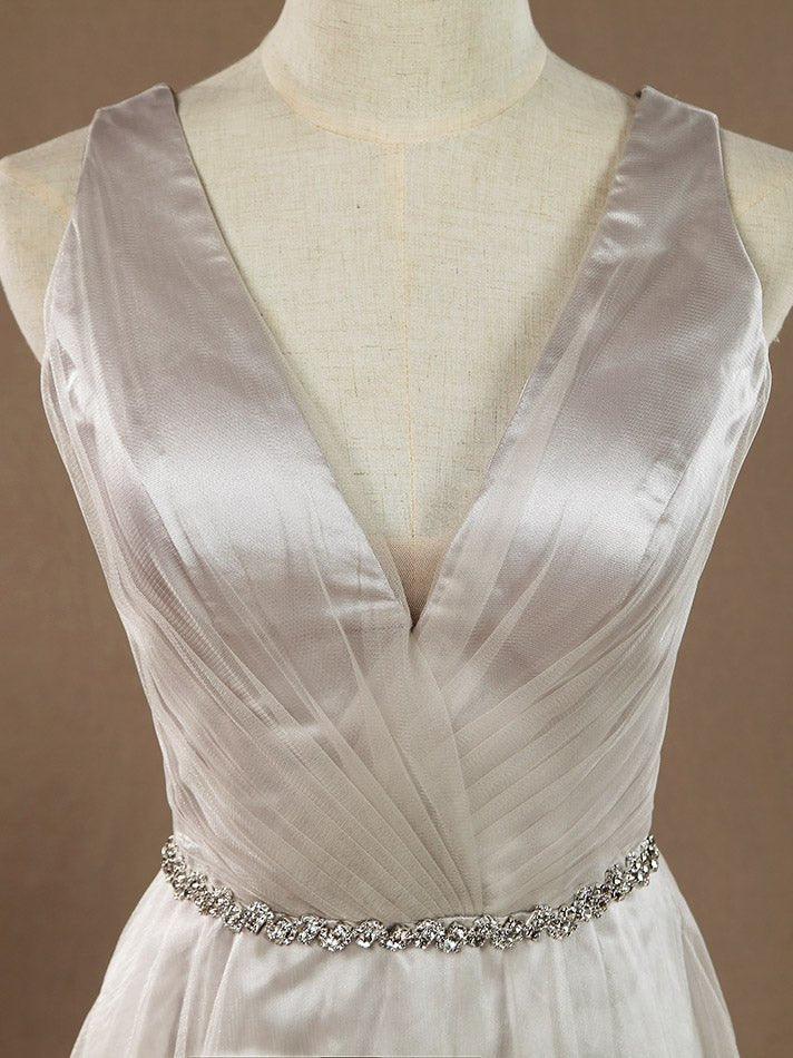 Vestido de dama de honor de tul con escote en V, largo hasta el suelo, con cinturón 