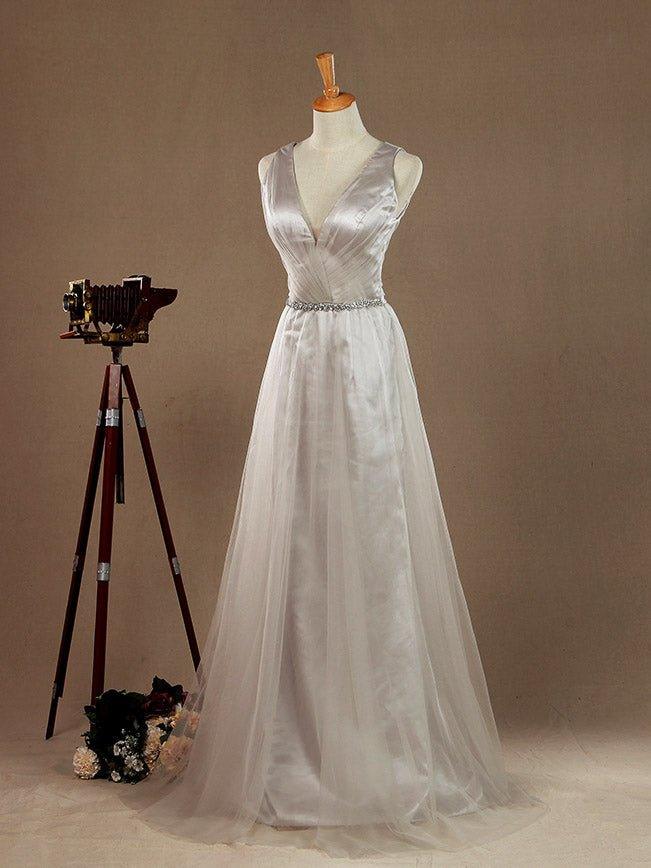 Vestido de dama de honor de tul con escote en V, largo hasta el suelo, con cinturón 