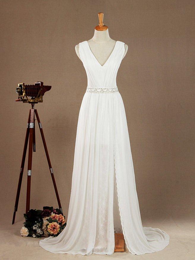Vestido de novia de gasa con encaje, escote en V, largo hasta el suelo, con cinturón de cuentas y cola corta dividida 