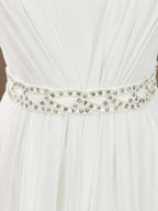 Vestido de novia de gasa con encaje, escote en V, largo hasta el suelo, con cinturón de cuentas y cola corta dividida 