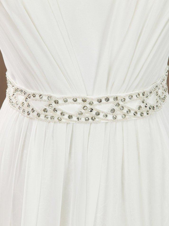 Vestido de novia de gasa con encaje, escote en V, largo hasta el suelo, con cinturón de cuentas y cola corta dividida 