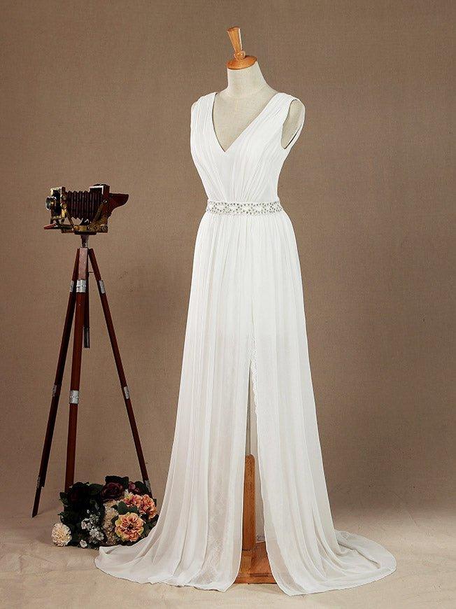 Vestido de novia de gasa con encaje, escote en V, largo hasta el suelo, con cinturón de cuentas y cola corta dividida 
