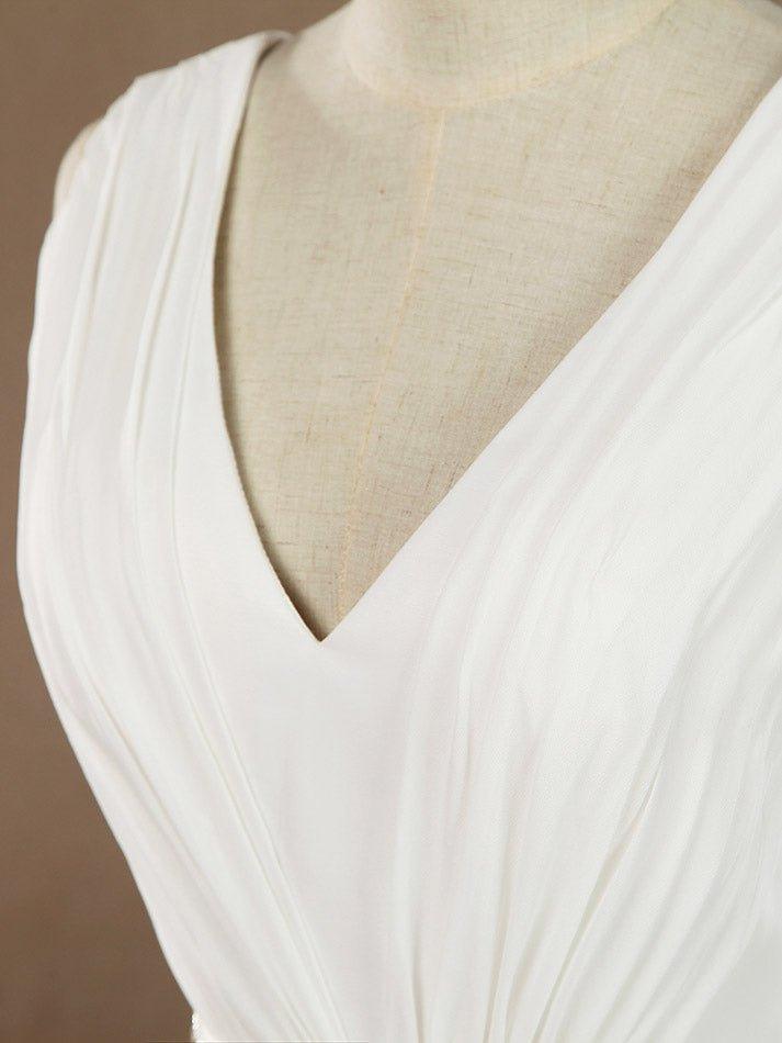 Vestido de novia de gasa con encaje, escote en V, largo hasta el suelo, con cinturón de cuentas y cola corta dividida 