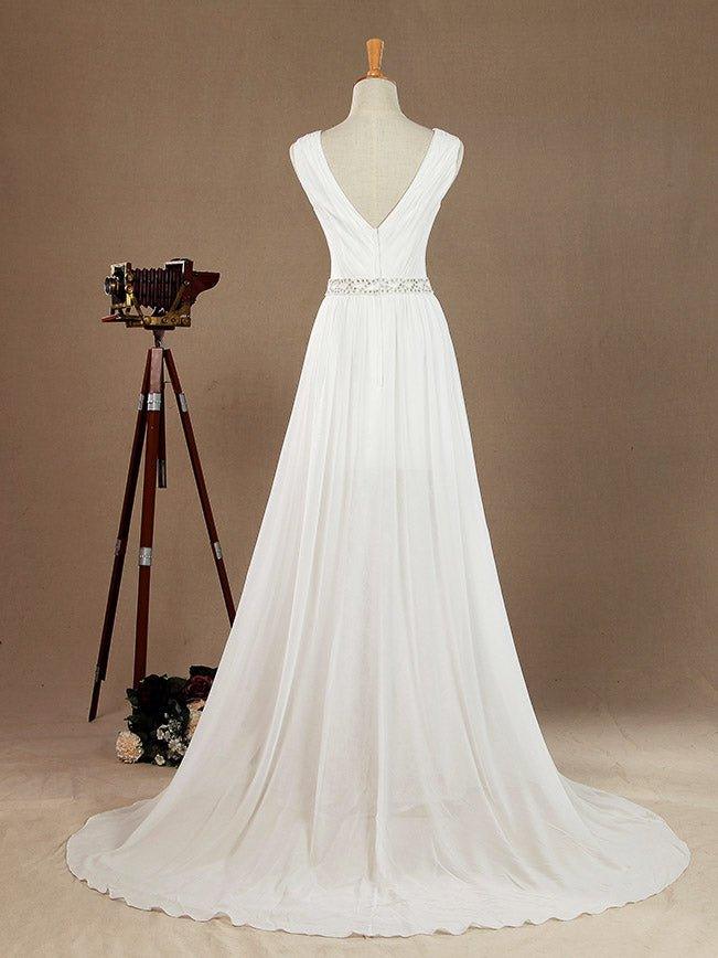 Vestido de novia de gasa con encaje, escote en V, largo hasta el suelo, con cinturón de cuentas y cola corta dividida 