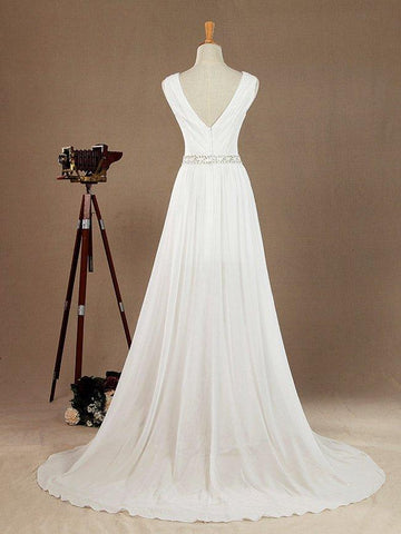 A-Line V-neck Floor Length Chiffon match Lace Wedding Dress with Beading Belt Split Short Train