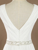 Vestido de novia de gasa con encaje, escote en V, largo hasta el suelo, con cinturón de cuentas y cola corta dividida 