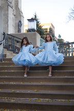 Vestido de cumpleaños para niña, azul con lentejuelas, de manga larga y hasta la rodilla. 