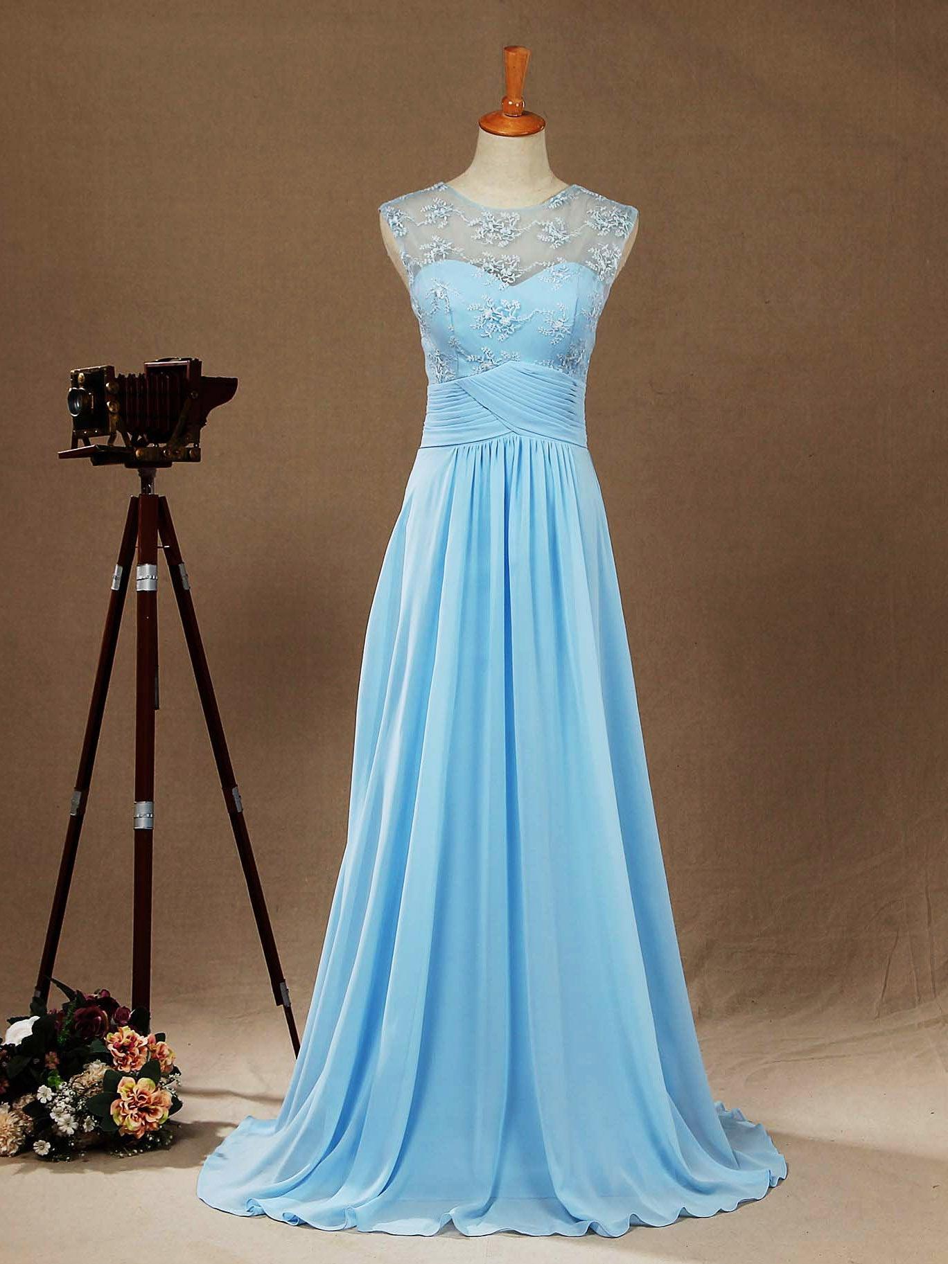 Vestido de dama de honor de gasa con encaje, escote redondo, largo hasta el suelo, corte A y espalda transparente 