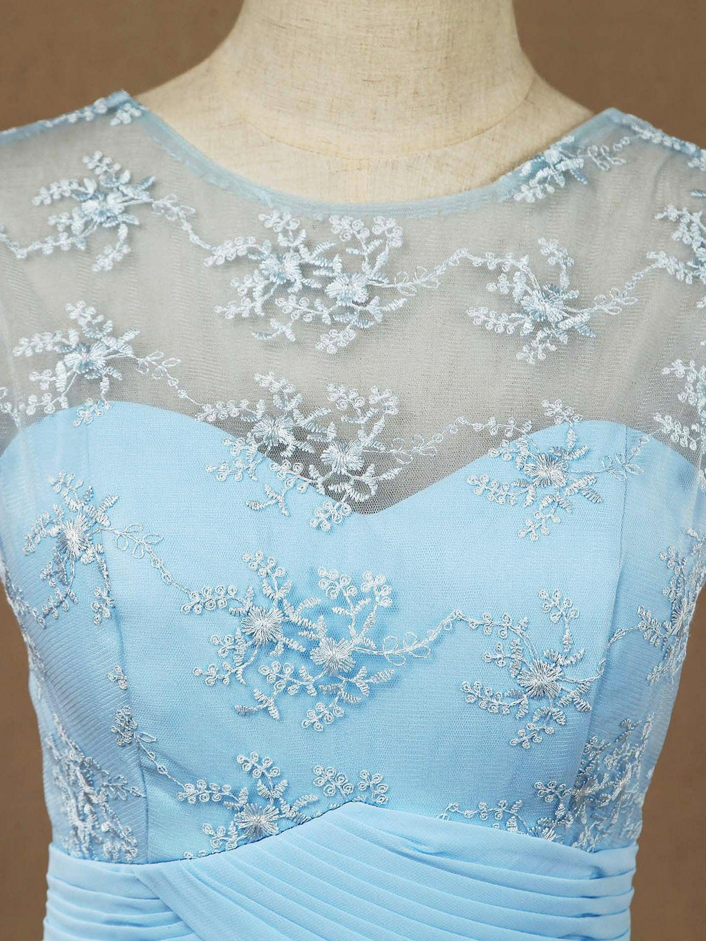 Vestido de dama de honor de gasa con encaje, escote redondo, largo hasta el suelo, corte A y espalda transparente 