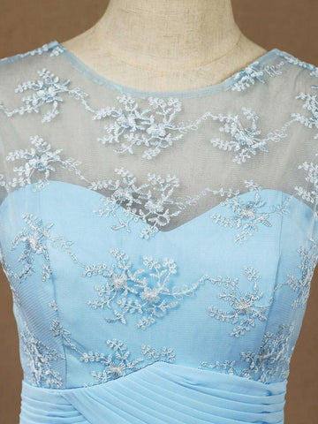 Vestido de dama de honor de gasa con encaje, escote redondo, largo hasta el suelo, corte A y espalda transparente 