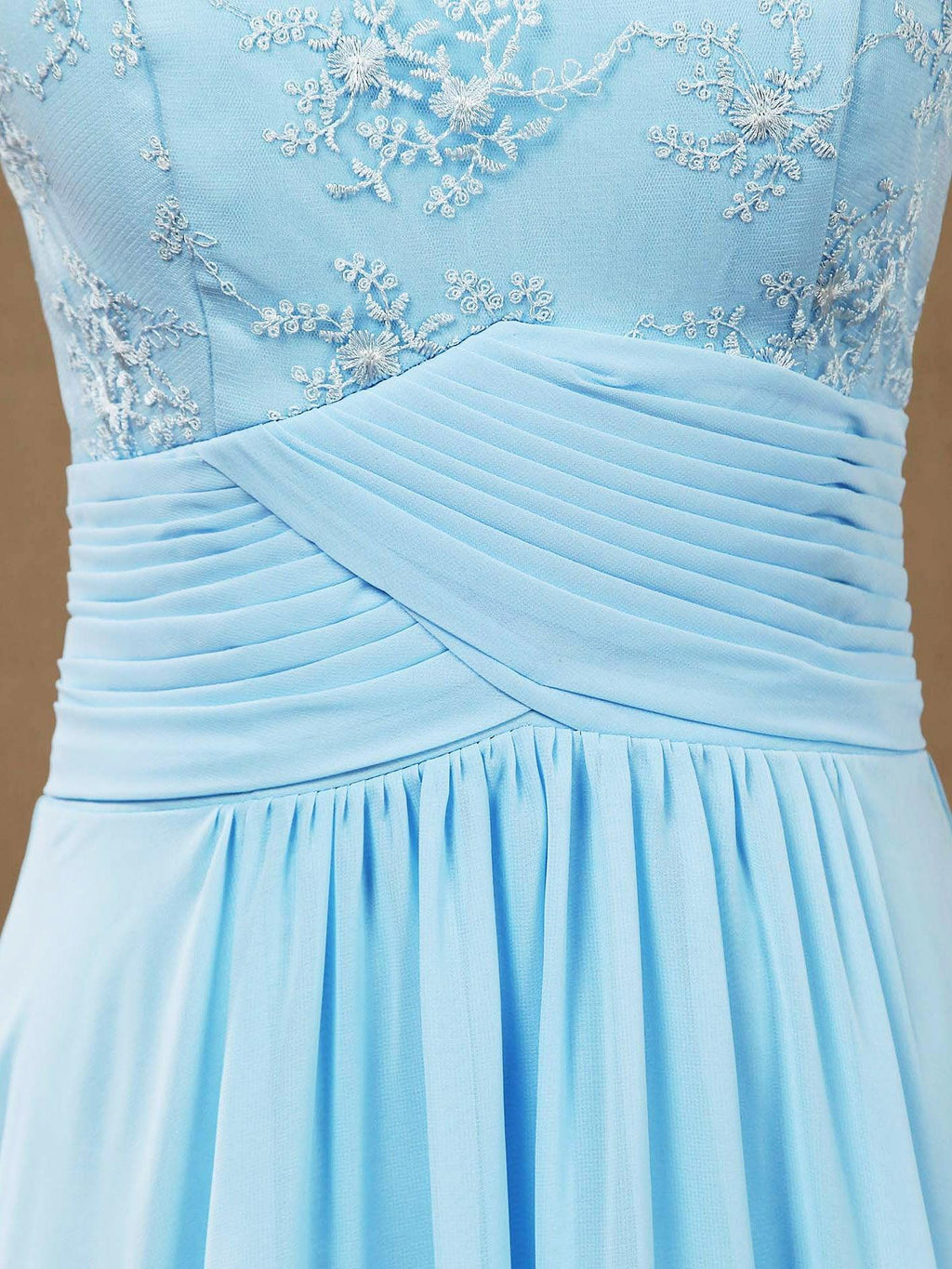 Vestido de dama de honor de gasa con encaje, escote redondo, largo hasta el suelo, corte A y espalda transparente 