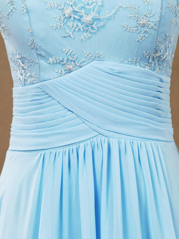 Vestido de dama de honor de gasa con encaje, escote redondo, largo hasta el suelo, corte A y espalda transparente 