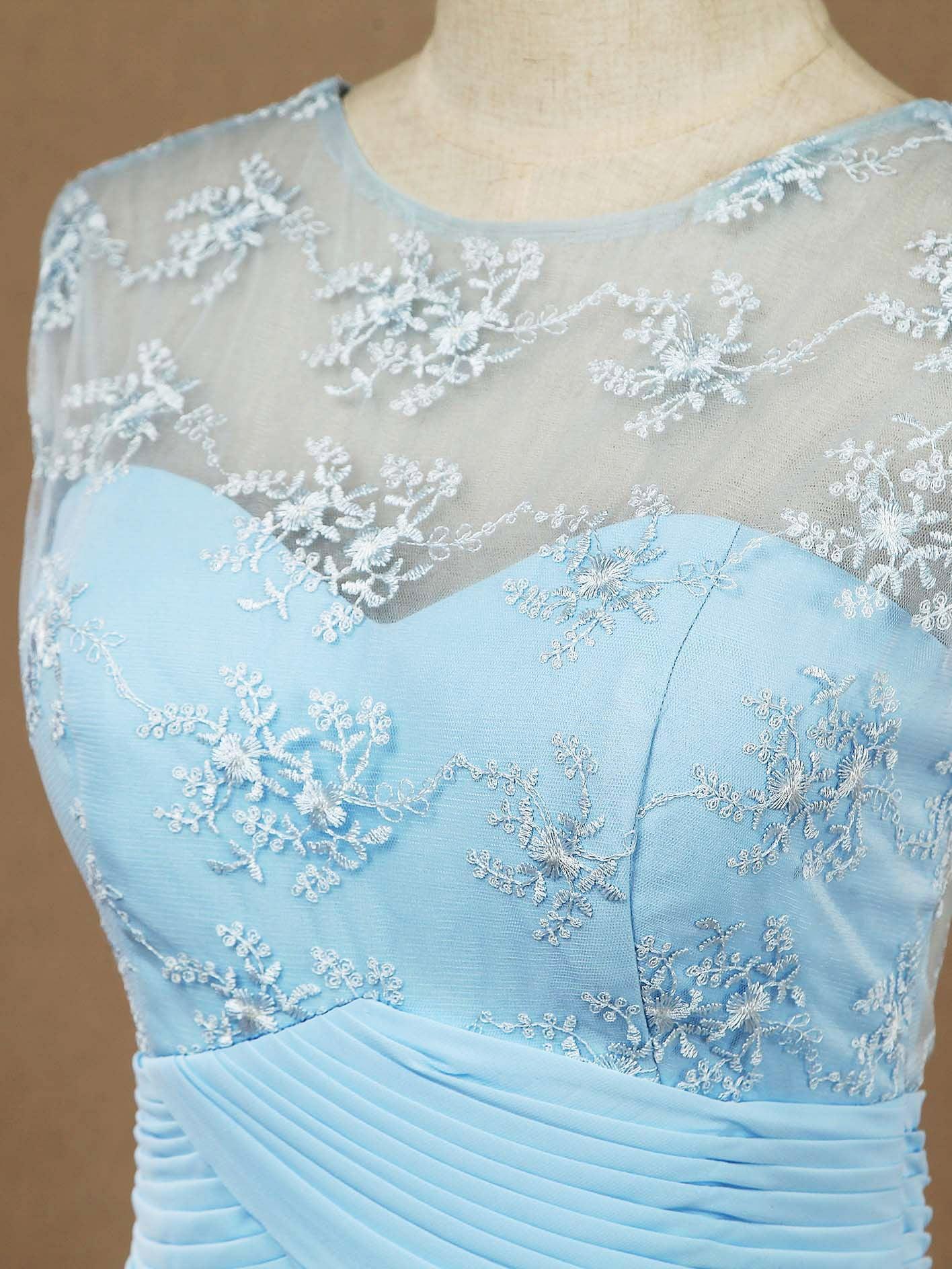Vestido de dama de honor de gasa con encaje, escote redondo, largo hasta el suelo, corte A y espalda transparente 