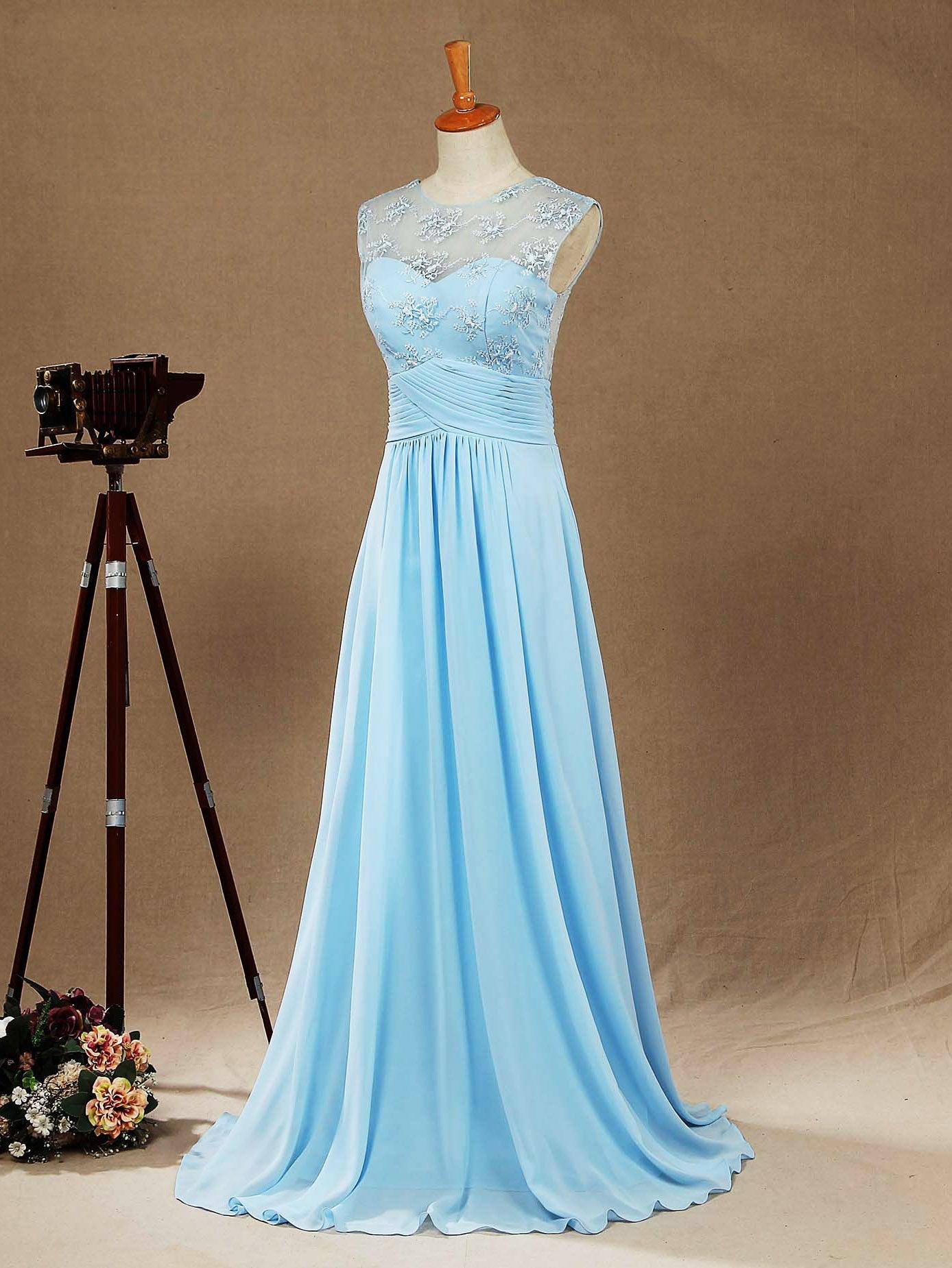 Vestido de dama de honor de gasa con encaje, escote redondo, largo hasta el suelo, corte A y espalda transparente 