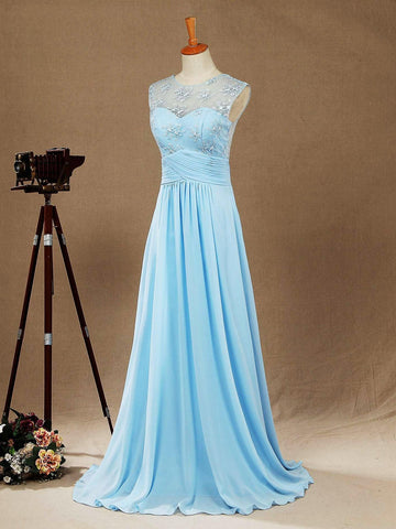 Vestido de dama de honor de gasa con encaje, escote redondo, largo hasta el suelo, corte A y espalda transparente 