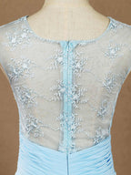 Vestido de dama de honor de gasa con encaje, escote redondo, largo hasta el suelo, corte A y espalda transparente 