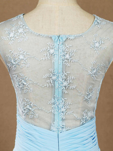 Vestido de dama de honor de gasa con encaje, escote redondo, largo hasta el suelo, corte A y espalda transparente 