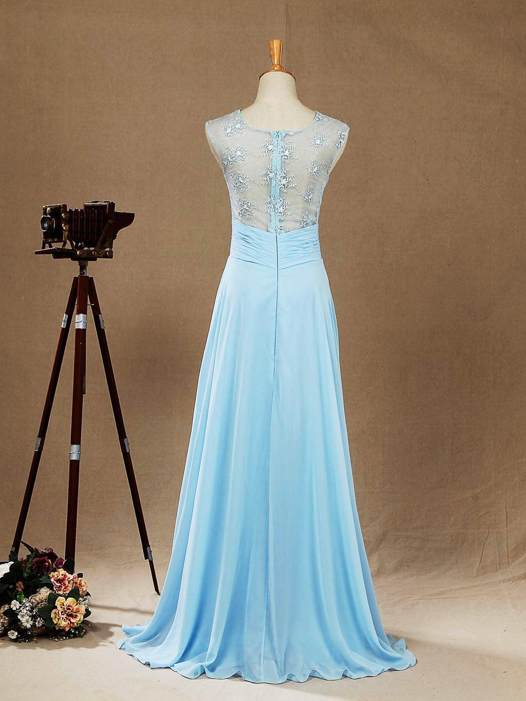Vestido de dama de honor de gasa con encaje, escote redondo, largo hasta el suelo, corte A y espalda transparente 